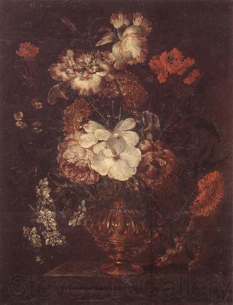 unknow artist Still life of Roses,Carnations,Daisies,peonies and convulvuli in a gilt vase,upon a stone ledge Germany oil painting art